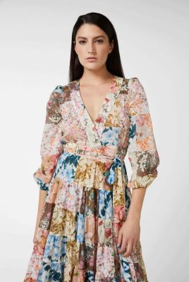 Van Laack Ireland | Van Laack Midi Wrap Dress With Puff Sleeves And Floral Patchwork Print Made Of Cotton Voile H0PF06166