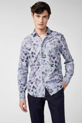 Van Laack Outlet Ireland | Van Laack Dark Cotton Poplin Shirt With Vintage Denim Floral Print Blue H0PF06559