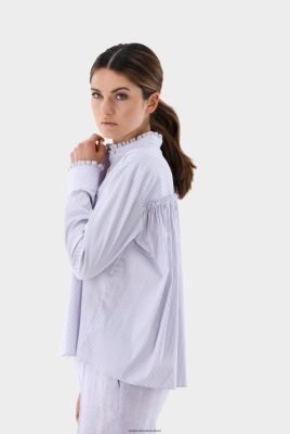 Van Laack Outlet Ireland | Van Laack Standup Collar Blouse With Ruffles And Stripes H0PF0697
